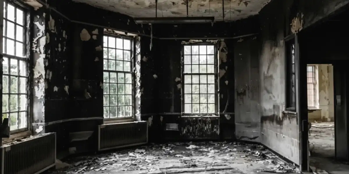 fire damage repair addressing severe interior damage and smoke residue inside a burned home in Atlanta, GA