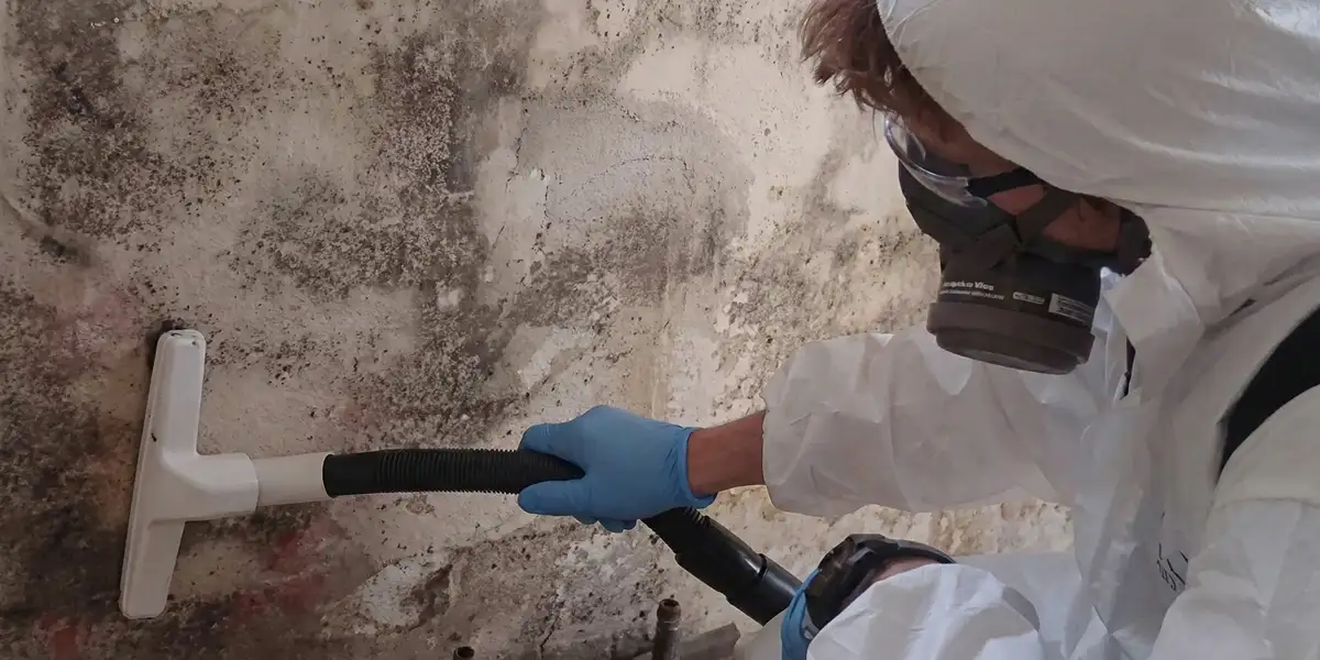 professional mold removal technician wearing protective equipment removing mold from a wall in Atlanta, GA